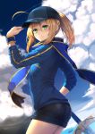  1girl ahoge artoria_pendragon_(all) ass baseball_cap blonde_hair blue_eyes blue_scarf commentary_request day fate/grand_order fate_(series) from_side hair_between_eyes hat highres jacket long_hair looking_at_viewer mysterious_heroine_x nonderi outdoors ponytail scarf short_shorts shorts smile solo sword water weapon 