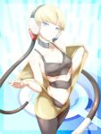  1girl blonde_hair blue_eyes breasts closed_mouth gym_leader headphones kamitsure_(pokemon) kous_(onetwojustice) looking_at_viewer navel pantyhose pokemon pokemon_(game) pokemon_bw short_hair solo undressing 