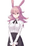  1girl black_neckwear black_skirt breasts elfenlied22 fate/grand_order fate_(series) head_wings high-waist_skirt highres hildr_(fate/grand_order) large_breasts light_blush long_hair long_sleeves meme_attire pink_eyes pink_hair shirt skirt smile solo valkyrie_(fate/grand_order) virgin_killer_outfit white_shirt 