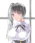  1girl :o alternate_hairstyle bang_dream! bangs black_hair black_ribbon black_skirt breasts buttons commentary_request eyebrows_visible_through_hair frilled_shirt_collar frills hair_ribbon highres hime_cut large_breasts long_hair long_sleeves looking_at_viewer neck_ribbon purple_eyes ribbon shirokane_rinko shirt side_ponytail sidelocks skirt solo totoshion upper_body white_background white_shirt window 