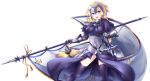  1girl armor armored_dress banner blonde_hair blue_eyes braid breasts building fate/apocrypha fate/grand_order fate_(series) faulds gauntlets headpiece highres holding jeanne_d&#039;arc_(fate) jeanne_d&#039;arc_(fate)_(all) large_breasts long_braid miyabi_urumi open_mouth sheath sheathed simple_background single_braid smile standard_bearer sword thighhighs weapon white_background 