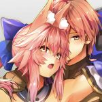  1boy 1girl animal_ear_fluff animal_ears bare_shoulders blue_kimono blue_ribbon blush brown_hair commentary detached_sleeves eyebrows_visible_through_hair fang fate/extra fate/grand_order fate_(series) fox_ears fox_girl hair_ribbon japanese_clothes kimono kishinami_hakuno_(male) looking_at_viewer open_mouth pink_hair ribbon short_hair skin_fang tamamo_(fate)_(all) tamamo_no_mae_(fate) tsukumihara_academy_uniform_(fate/extra) wisespeak yellow_eyes 