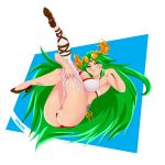  1girl absurdres ass bare_arms bare_shoulders between_legs biting blush breasts cheek_poking crown eyes_visible_through_hair finger_to_cheek goddess green_hair high_heels highres kid_icarus legs_together legs_up lingerie lip_biting long_hair looking_at_viewer macodace palutena poking pussy simple_background single_thighhigh smile solo super_smash_bros. thick_thighs thigh_gap thighhighs thighs underwear very_long_hair white_legwear 