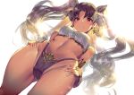  1girl aguy armlet black_bikini_bottom black_bow black_hair bow breasts bridal_gauntlets closed_mouth cowboy_shot dutch_angle fate/grand_order fate_(series) from_below halterneck hands_on_hips highleg highleg_bikini_bottom ishtar_(fate)_(all) ishtar_(fate/grand_order) large_breasts navel panties red_eyes solo twintails two_side_up underwear white_background white_bikini_top 