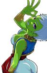  1girl ass blue_hair bokkusu breasts cheelai cleavage dragon_ball_super_broly green_skin harem_pants impossible_clothes jewelry looking_at_viewer looking_back medium_breasts neck_ring ok_sign pants purple_eyes sash short_hair solo vambraces vest white_background 