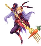  1boy alternate_costume animal_ears blonde_hair boots bow bunny_ears cape carrot fire_emblem fire_emblem:_the_binding_blade fire_emblem_heroes flower fork full_body gloves hat highres leaf narcian_(fire_emblem) official_art open_mouth solo teeth transparent_background yamada_koutarou yellow_eyes 