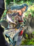  1girl armor back belt blue_eyes blue_hair boots fingerless_gloves fire_emblem fire_emblem:_radiant_dawn fire_emblem_cipher gloves hair_over_one_eye helmet leaf long_hair lucia_(fire_emblem) nij_24 official_art open_mouth shield solo sword teeth thighhighs tree weapon 