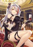  1girl alcohol alternate_costume antenna_hair azur_lane bangs bare_shoulders black_dress black_gloves blurry blurry_background blush bottle bow breasts commentary_request cup dress dress_lift drinking_glass eyebrows_visible_through_hair gloves hair_between_eyes hair_bow head_tilt highres holding holding_cup indoors ks lifted_by_self long_hair looking_at_viewer medium_breasts mole mole_on_breast multicolored_hair open_mouth parted_lips prinz_eugen_(azur_lane) prinz_eugen_(cordial_cornflower)_(azur_lane) red_hair silver_hair sitting skirt_hold smile solo stairs streaked_hair swept_bangs thigh_strap thighs two_side_up very_long_hair wine yellow_eyes 