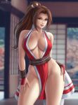  1girl architecture blurry blurry_background breasts brown_eyes brown_hair cowboy_shot east_asian_architecture fatal_fury flowerxl hair_ornament hands_on_hips high_ponytail large_breasts pelvic_curtain pink_lips ponytail revealing_clothes shiranui_mai snk street_fighter the_king_of_fighters thighs 