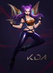  1girl absurdres black_choker black_gloves breasts choker cleavage clenched_hands collarbone double_bun fingerless_gloves fingernails floating_weapon gloves hair_bun highres k/da_(league_of_legends) k/da_kai&#039;sa kai&#039;sa league_of_legends lipstick long_hair makeup microphone navel pantyhose purple_eyes purple_hair purple_lipstick sanj solo weapon 