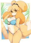  1girl bell bikini blush bow breasts brown_eyes cleavage cowboy_shot dog_girl doubutsu_no_mori furry highres large_breasts long_hair looking_at_viewer multicolored multicolored_bikini multicolored_clothes navel shiny shiny_hair shiny_skin shizue_(doubutsu_no_mori) slugbox smile solo swimsuit thighs topknot 