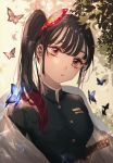  1girl bangs black_hair blurry blurry_background butterfly_hair_ornament commentary_request day depth_of_field expressionless hair_ornament haori head_tilt high_collar highres japanese_clothes kimetsu_no_yaiba leaf lens_flare light_trail looking_at_viewer majamari outdoors pink_eyes sheath sheathed short_hair side_ponytail solo sword tsuyuri_kanao uniform weapon 