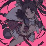  1girl black_eyes black_hair breasts dual_wielding eyebrows_visible_through_hair fate/grand_order fate_(series) forehead holding kuroboshi_kouhaku long_hair looking_at_viewer pink_background small_breasts solo sword ushiwakamaru_(fate/grand_order) v-shaped_eyebrows weapon 