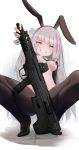  1girl absurdres animal_ears assault_rifle black_footwear black_hairband black_legwear blue_eyes breasts bunny_ears commentary_request desert_tech_mdr fake_animal_ears girls_frontline gun hairband heterochromia highres long_hair looking_at_viewer mdr_(girls_frontline) momo_(higanbana_and_girl) multicolored_hair one_side_up pantyhose pink_eyes pink_hair reverse_bunnysuit reverse_outfit rifle shoes silver_hair simple_background small_breasts smile solo squatting streaked_hair weapon white_background 