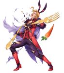  1boy alternate_costume animal_ears blonde_hair boots bow bunny_ears cape carrot fire_emblem fire_emblem:_the_binding_blade fire_emblem_heroes flower fork full_body gloves hat highres leaf narcian_(fire_emblem) official_art open_mouth solo teeth torn_clothes transparent_background yamada_koutarou yellow_eyes 