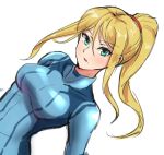  1girl aqua_eyes bangs blonde_hair blue_bodysuit bodysuit eyebrows_visible_through_hair floating_hair hair_between_eyes long_hair metroid mole mole_under_mouth samus_aran shiny shiny_hair sidelocks simple_background sketch solo upper_body wakaba_(wata_ridley) white_background zero_suit 