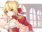  1girl ahoge blonde_hair breasts cleavage closed_mouth epaulettes eyebrows_visible_through_hair fate/extra fate_(series) green_eyes hair_ribbon long_sleeves looking_at_viewer medium_breasts nero_claudius_(fate) nero_claudius_(fate)_(all) petals red_ribbon ribbon ripu_(sherypton) short_hair smile solo upper_body v 