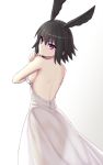  1girl backless_dress backless_outfit bare_back black_hair blush breasts dress elfenlied22 fate/grand_order fate_(series) hand_on_own_shoulder highres large_breasts looking_back ortlinde_(fate/grand_order) red_eyes see-through short_hair sideboob simple_background solo strapless strapless_dress translucent valkyrie_(fate/grand_order) white_background white_dress 