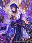  1boy belt blue_eyes blue_hair book boots cape chain fire_emblem fire_emblem:_radiant_dawn fire_emblem_cipher official_art pelleas_(fire_emblem) solo takaya_tomohide tattoo 