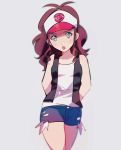  1girl absurdres antenna_hair arms_behind_back baseball_cap blue_eyes blue_shorts blush breasts brown_hair cowboy_shot grey_background hat highres la_vierge long_hair looking_at_viewer open_mouth poke_ball_print pokemon pokemon_(game) pokemon_bw print_headwear shirt short_shorts shorts simple_background sleeveless sleeveless_shirt small_breasts solo standing torn_clothes torn_shorts touko_(pokemon) white_headwear white_shirt 