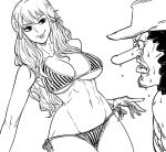  1boy 1girl bare_arms bare_shoulders bb_(baalbuddy) bikini breasts bulging_eyes curly_hair dat_ass greyscale hat large_breasts long_nose looking_at_viewer monochrome nami_(one_piece) navel one_piece side-tie_bikini simple_background smile standing striped striped_bikini sweat sweating_profusely swimsuit thigh_gap usopp vertical-striped_bikini vertical_stripes white_background 