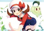  1girl absurdres blush breasts brown_eyes brown_hair cabbie_hat chikorita hat hat_ribbon highres katsu_(katsupainter) kotone_(pokemon) looking_at_viewer open_mouth overalls pokemon pokemon_(creature) pokemon_(game) pokemon_hgss ribbon smile solo thighhighs twintails 