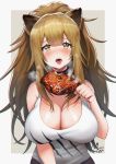  1girl animal_ears arknights bangs bare_shoulders black_choker blush border breasts breath brown_eyes brown_hair choker cleavage commentary_request fangs food grey_background grey_border hand_up highres holding holding_food large_breasts lion_ears long_hair looking_at_viewer meat noixen nose_blush open_mouth outside_border saliva saliva_trail siege_(arknights) simple_background solo tank_top tears tongue tongue_out upper_body white_tank_top 