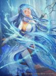  1girl azura_(fire_emblem) bangs blue_hair breasts brown_eyes commentary_request company_connection copyright_name dress elbow_gloves fingerless_gloves fire_emblem fire_emblem_cipher fire_emblem_fates gloves hair_between_eyes holding holding_weapon homare_(fool&#039;s_art) jewelry lips long_hair medium_breasts necklace official_art open_mouth polearm purple_lips shiny shiny_hair solo spear veil weapon white_dress 