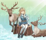  1girl animal belt black_footwear blonde_hair blue_hairband blue_jacket blue_skirt closed_eyes commentary_request deer girls_frontline gloves gun hair_ornament hairband highres jacket long_hair long_sleeves numazume open_mouth sitting skirt snow snowflake_hair_ornament submachine_gun suomi_kp/-31 suomi_kp31_(girls_frontline) thighhighs tree_stump weapon white_gloves white_legwear 