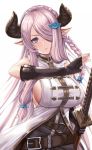  1girl bare_shoulders belt belt_buckle black_gloves blue_eyes braid breasts buckle cowboy_shot crown_braid elbow_gloves fingerless_gloves gloves granblue_fantasy hair_ornament hair_over_one_eye highres holding holding_sword holding_weapon horns large_breasts long_hair looking_at_viewer narmaya_(granblue_fantasy) o-ring_belt parted_lips pointy_ears purple_hair sheath sheathed side_braid sideboob sidelocks simple_background single_fingerless_glove sleeveless solo straight_hair sword takanashi-a v-shaped_eyebrows very_long_hair weapon white_background 