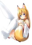  1girl animal_ear_fluff animal_ears bare_shoulders bell bell_collar blonde_hair collar commentary_request fox_ears fox_girl fox_tail hakama hakama_skirt highres japanese_clothes jingle_bell knees_together_feet_apart long_hair looking_at_viewer miko no_shoes off_shoulder original panties pantyshot pantyshot_(sitting) red_hakama shibacha simple_background sitting solo tail tail_hug thighhighs underwear white_background white_legwear white_panties wide_sleeves 