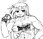  1girl :3 abs ahoge art_shift bb_(baalbuddy) beltbra biceps breasts fingerless_gloves flexing gloves greyscale hand_up highres izumi_konata jitome large_breasts long_hair looking_at_viewer lucky_star monochrome muscle muscular_female navel parody pose simple_background smile solo upper_body veins white_background 