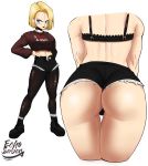  abs absurdres android_18 ass black_bra black_lipstick black_nails black_shorts blonde_hair blue_eyes bra breasts clothes_writing collar denim dragon_ball dragon_ball_z echo_saber gothic highres lipstick makeup midriff open_fly panties pantyhose shorts signature sweater thick_thighs thighs tight toned underwear white_panties 