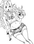  1girl bangs bare_shoulders bb_(baalbuddy) big_hair blush circlet clothes_writing dutch_angle fire_emblem fire_emblem_awakening flat_chest greyscale long_hair midriff monochrome navel nowi_(fire_emblem) open_mouth panties panty_peek parted_bangs pointy_ears pulled_by_self short_shorts shorts shorts_pull simple_background solo tank_top thigh_gap thighhighs underwear white_background 