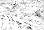  1girl bear cape fate/grand_order fate_(series) footprints from_behind hat highres long_hair monochrome mountain qmiqun scenery shirou_(fate/grand_order) sitonai smile 