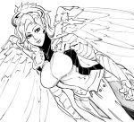  1girl bb_(baalbuddy) breasts closed_mouth cowboy_shot dress dutch_angle greyscale halo highres large_breasts lipstick looking_at_viewer makeup mercy_(overwatch) monochrome overwatch pantyhose ponytail simple_background smile solo spread_wings thumbs_up white_background wings 