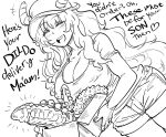  +++ 1girl :d bb_(baalbuddy) blush box breasts closed_eyes covered_nipples dildo dragon_dildo dragon_horns dutch_angle emphasis_lines english_text facing_viewer greyscale hat heart highres holding horns horns_through_headwear huge_breasts kobayashi-san_chi_no_maidragon long_hair monochrome open_mouth peaked_cap quetzalcoatl_(maidragon) shirt shorts smile solo very_long_hair 