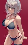  1girl arm_behind_back bangs bare_arms bare_shoulders bikini blush bow braid breasts collarbone cowboy_shot dark_blue_bikini eit_(ikeuchi) eyebrows_visible_through_hair front-tie_bikini front-tie_top hair_between_eyes hair_bow izayoi_sakuya large_breasts layered_bikini maid_headdress navel parted_lips red_background red_eyes shiny shiny_hair short_hair side-tie_bikini sidelocks silver_hair simple_background solo stomach strap_gap swimsuit thigh_strap thighs touhou twin_braids wet wet_clothes wet_hair wet_swimsuit 