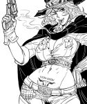  abs bb_(baalbuddy) belt breast_pocket breasts bullet cape cigar cleavage contrapposto cowboy_hat cowboy_shot cropped_shirt genderswap genderswap_(mtf) gloves greyscale gun hand_on_hip hand_up handgun hat head_tilt highres holding holding_gun holding_weapon large_breasts long_hair looking_at_viewer mccree_(overwatch) midriff monochrome mouth_hold navel one_eye_closed overwatch pants pocket pubic_tattoo revolver simple_background smile smoke smoking tattoo toned trigger_discipline unbuttoned unbuttoned_shirt weapon white_background 