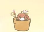  1girl ahoge beige_background blush chibi commentary_request flower_knight_girl flower_pot holding holding_wand in_container koti looking_at_viewer open_mouth pachira_(flower_knight_girl) partial_commentary red_hair solid_oval_eyes solo wand 