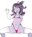  1girl bare_shoulders black_sclera blush cameltoe covered_nipples gloves looking_at_viewer medium_hair musume open_mouth pointy_ears protected_link purple_hair purple_skin simple_background smile solo string_bikini swimsuit ukimukai white_background yuusha_no_kuse_ni_namaiki_da 