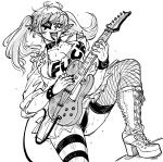  1girl bb_(baalbuddy) belt_collar boots bracelet breasts cleavage clothes_writing collar cross-laced_footwear earrings electric_guitar elf face_painting fingernails fuck-me_shirt greyscale guitar high_heel_boots high_heels highres holding holding_instrument instrument jewelry large_breasts long_hair long_tongue looking_at_viewer meme_attire monochrome music original panties pantyshot pantyshot_(standing) playing_instrument pointy_ears profanity shoulder_spikes simple_background smile solo spikes standing studded_bracelet sweat tongue tongue_out twintails underwear white_background 