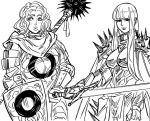  2girls armor bangs bb_(baalbuddy) blunt_bangs boobplate breastplate cape dark_knight full_armor greyscale highres hime_cut holding holding_sword holding_weapon knight long_hair looking_at_viewer mole mole_under_eye monochrome multiple_girls original paladin shield shoulder_armor shoulder_spikes simple_background smile spaulders spiked_mace spikes sword weapon white_background 