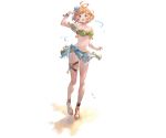  1girl ahoge arm_up bangs bare_shoulders bikini blonde_hair blush bracelet breasts cleavage collarbone earrings flower frilled_bikini frills full_body granblue_fantasy green_bikini_top green_eyes hair_flower hair_ornament jewelry medium_breasts messy_hair midriff minaba_hideo navel official_art open_mouth sandals sarong short_hair smile solo standing stomach swimsuit teena_(granblue_fantasy) thigh_strap toes transparent_background water water_drop 