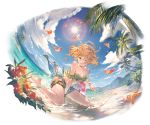  1girl ahoge bangs bare_shoulders barefoot beach bikini blonde_hair blue_sky breasts cleavage cloud cloudy_sky collarbone earrings flower frilled_bikini frills full_body granblue_fantasy green_bikini_top green_eyes island jewelry looking_at_viewer medium_breasts messy_hair midriff minaba_hideo navel ocean official_art one_eye_closed open_mouth outdoors palm_leaf palm_tree petals sarong shore short_hair sitting sky smile starfish stomach sun sunlight swimsuit teena_(granblue_fantasy) thigh_strap thighs transparent_background tree water water_drop 