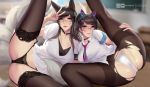  ahri black_panties brown_hair cameltoe choker cian_yo classroom d.va_(overwatch) facial_mark garter_straps glasses indoors league_of_legends multiple_tails necktie panties ponytail pussy school_uniform see-through shirt smile spread_legs tail teacher thighhighs torn_clothes torn_legwear underwear v whisker_markings white_panties 