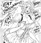  1girl bb_(baalbuddy) breasts cowboy_shot dress elf emphasis_lines english_text food fork greyscale highres large_breasts monochrome one_eye_closed open_mouth original out-of-frame_censoring parody pointy_ears puffy_short_sleeves puffy_sleeves sausage short_hair short_sleeves solo_focus sweatdrop tearing_up tears thighhighs 