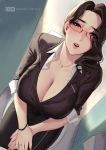  1girl :o black_eyes bracelet breasts brown_hair cian_yo day dutch_angle earrings from_above glasses indoors jewelry large_breasts looking_at_viewer looking_up mature necklace original pale_skin ring shirt smile teacher toilet uniform wavy_hair white_shirt 