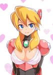  1girl alia_(rockman) android armor blonde_hair blue_eyes blush bra breasts cleavage closed_mouth commentary cougar1404 long_hair looking_at_viewer rockman rockman_x smile solo underwear 