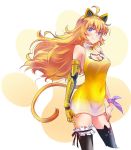  1girl ahoge animal_ears bell black_legwear blonde_hair breasts cat_tail cleavage_cutout covered_navel dress fake_animal_ears halter_dress highres iesupa large_breasts long_hair pantylines prosthesis prosthetic_arm purple_eyes rwby single_garter solo tail thighhighs wavy_hair yang_xiao_long yellow_dress 